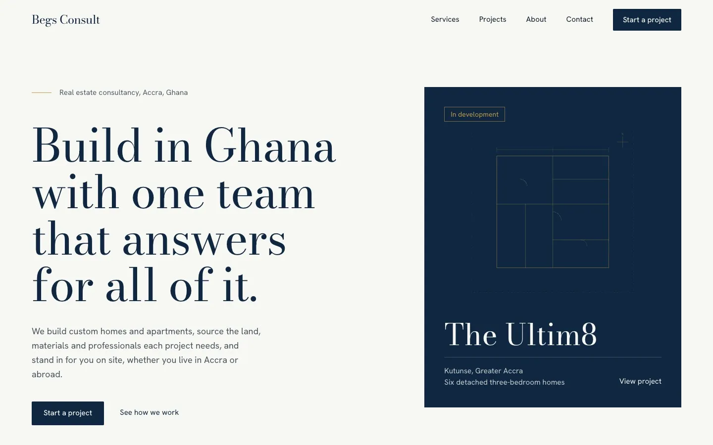 Begs Consult home page with the headline 'We Support. Source. Connect.' next to a floor-plan drawing