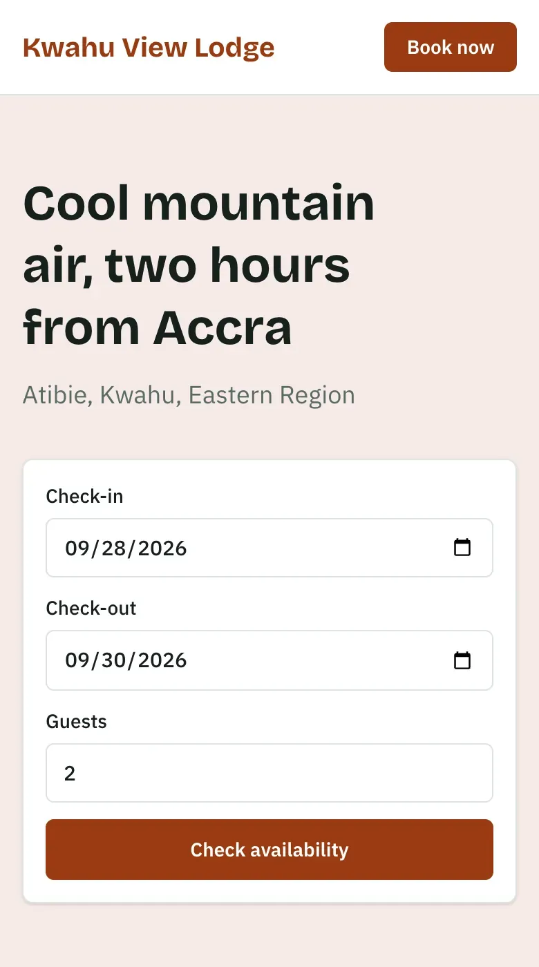A guesthouse's own booking site on a phone, with a form to pick check-in and check-out dates.