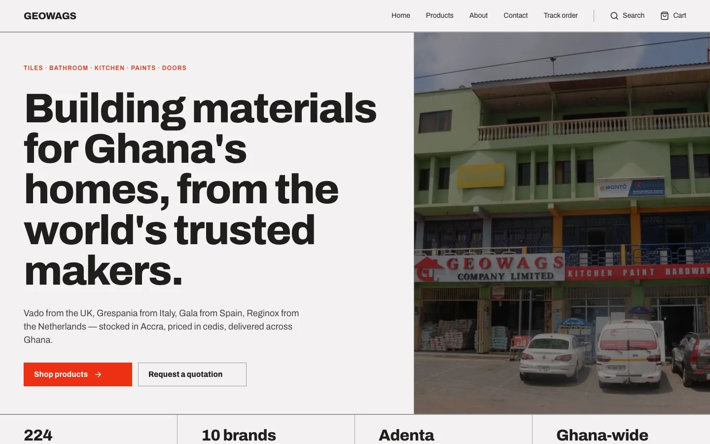 Geowags home page with the headline 'Building materials for Ghana's homes' next to a photo of the Geowags shop front