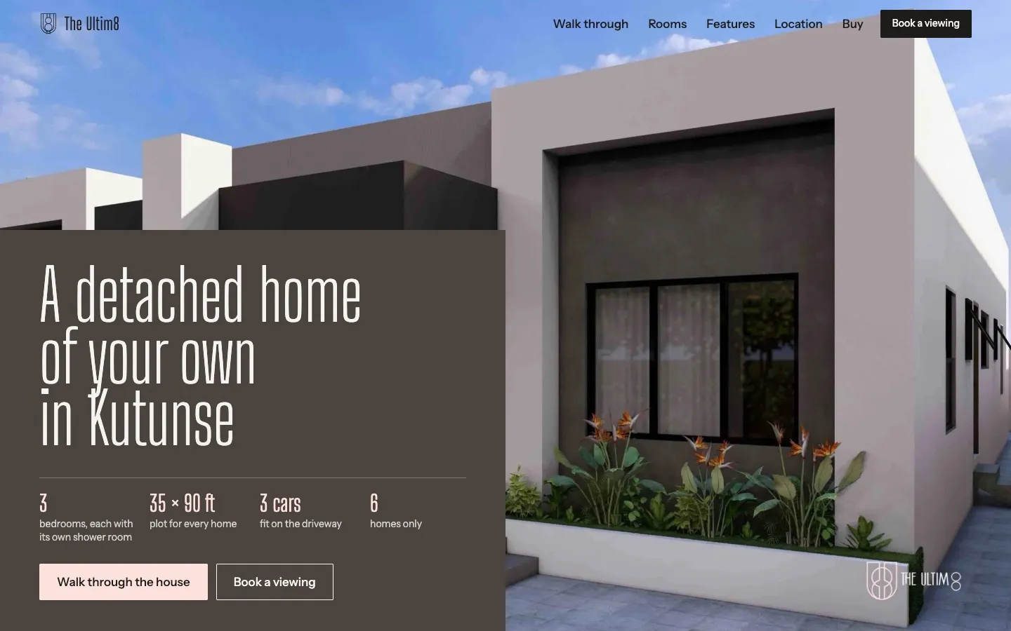 The Ultim8 home page with the headline 'A detached home of your own in Kutunse' over a render of the house