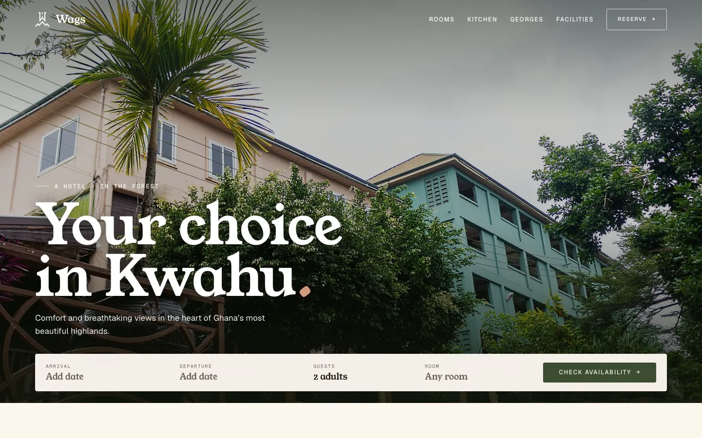 Wags Hotel home page with the date search bar over a photo of the hotel