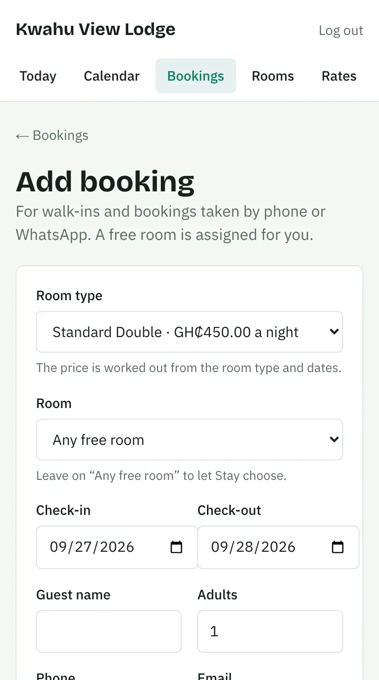 The Add booking form for walk-ins and phone bookings, with the price per night and any free room.