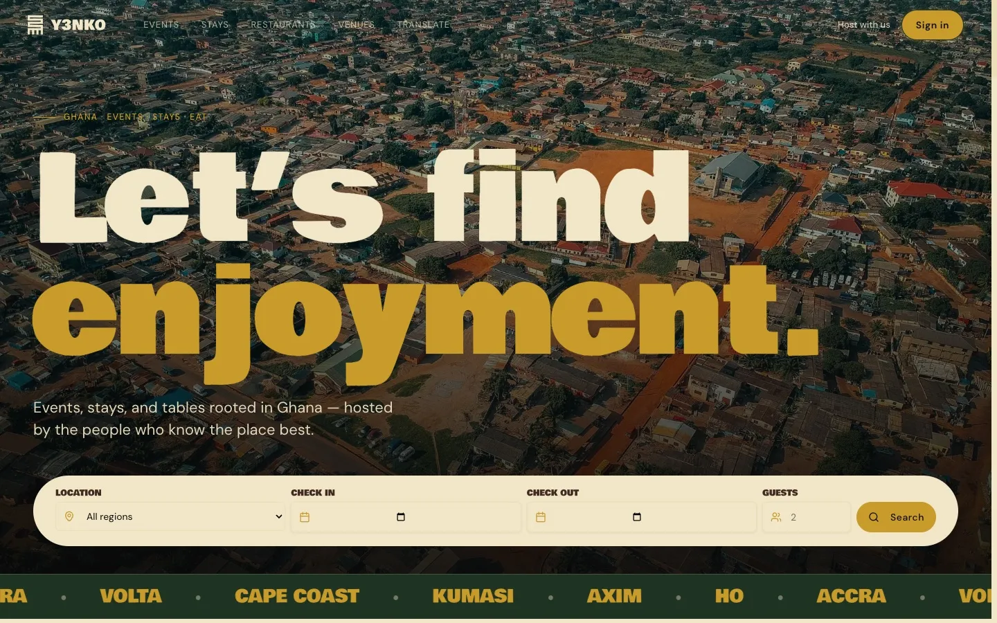 Y3NKO home page with the headline 'Let's find enjoyment' and a search bar for location, dates and guests